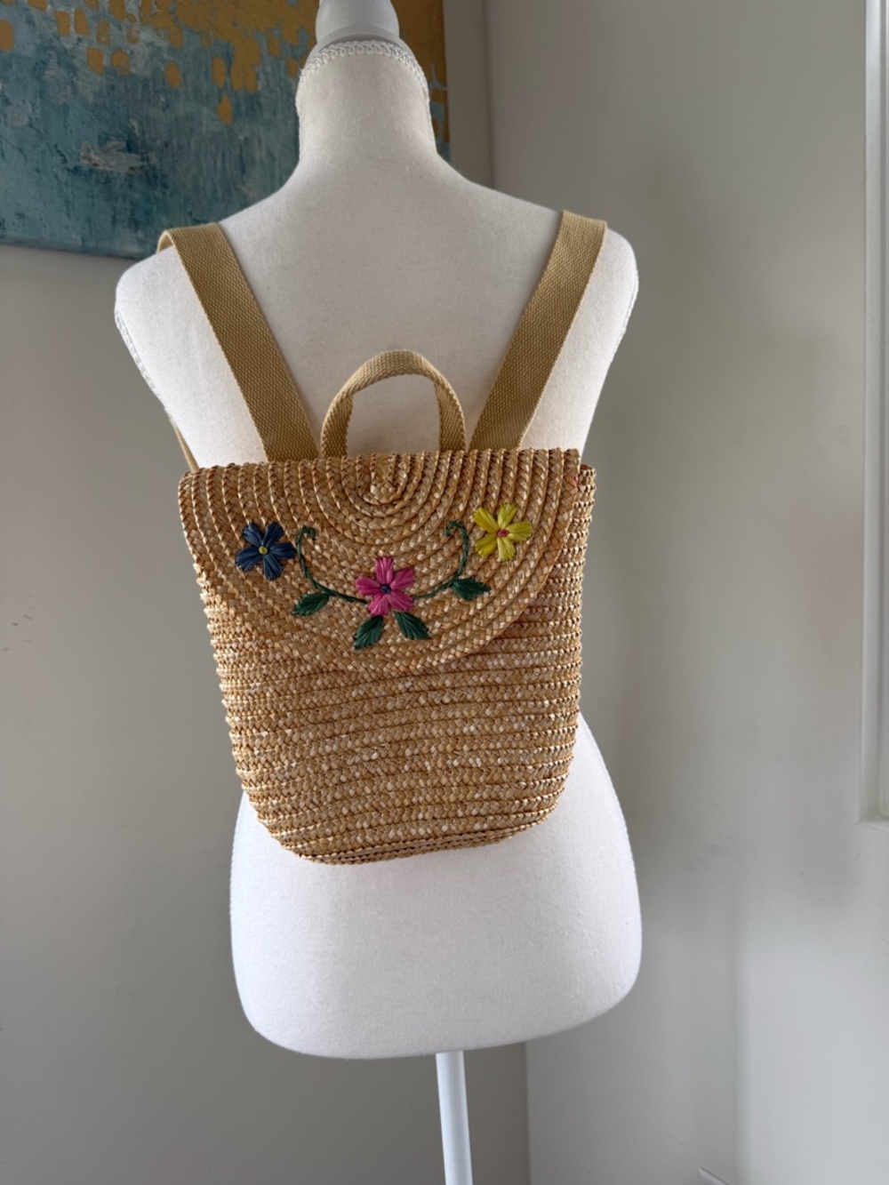 Vintage Inspired Natural Straw Backpack with Blue, Pink & Yellow Flowers Boho